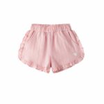 parte delantera de pantalon corto rosa con flor bordada