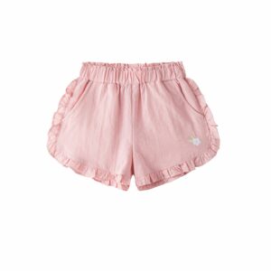 parte delantera de pantalon corto rosa con flor bordada