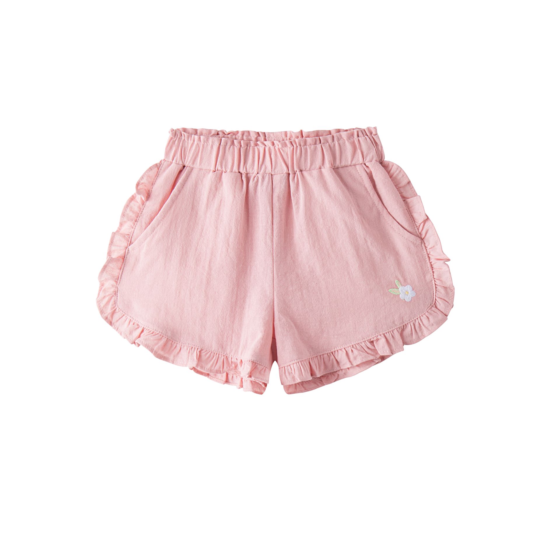 parte delantera de pantalon corto rosa con flor bordada